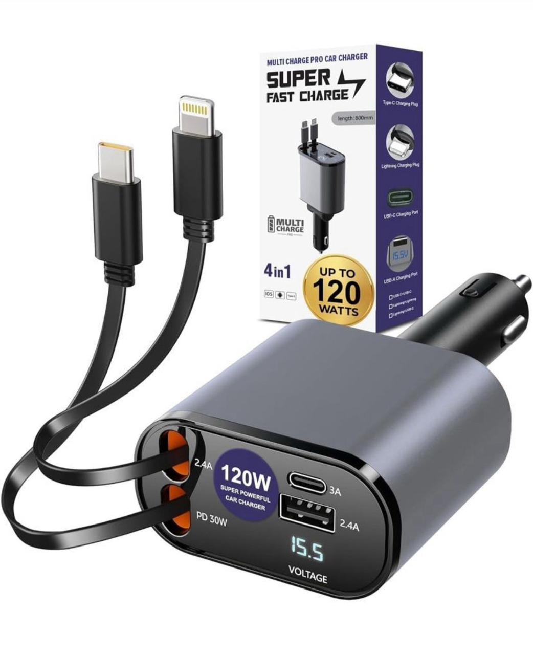 SUPERONE Retractable Car Charger 4 in 1, Fast Car Phone Charger